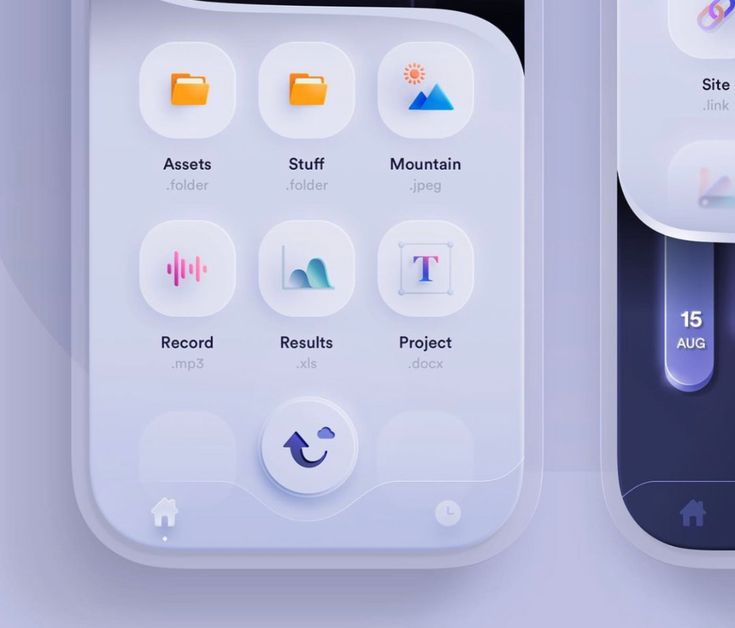 Interface de celular com design neumorphism, exibindo botões suaves e sombreados
